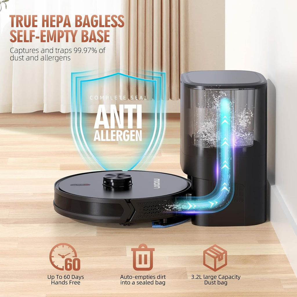 Robot Vacuum and Mop Combo with Self-Emptying Station (60-Day), LiDAR Navigation Robotic Vacuum Cleaner, 5000Pa Suction, 180-Min Runtime, App/Wi-Fi/Alexa Control, for Pet Hair, Carpets & Hard Floors