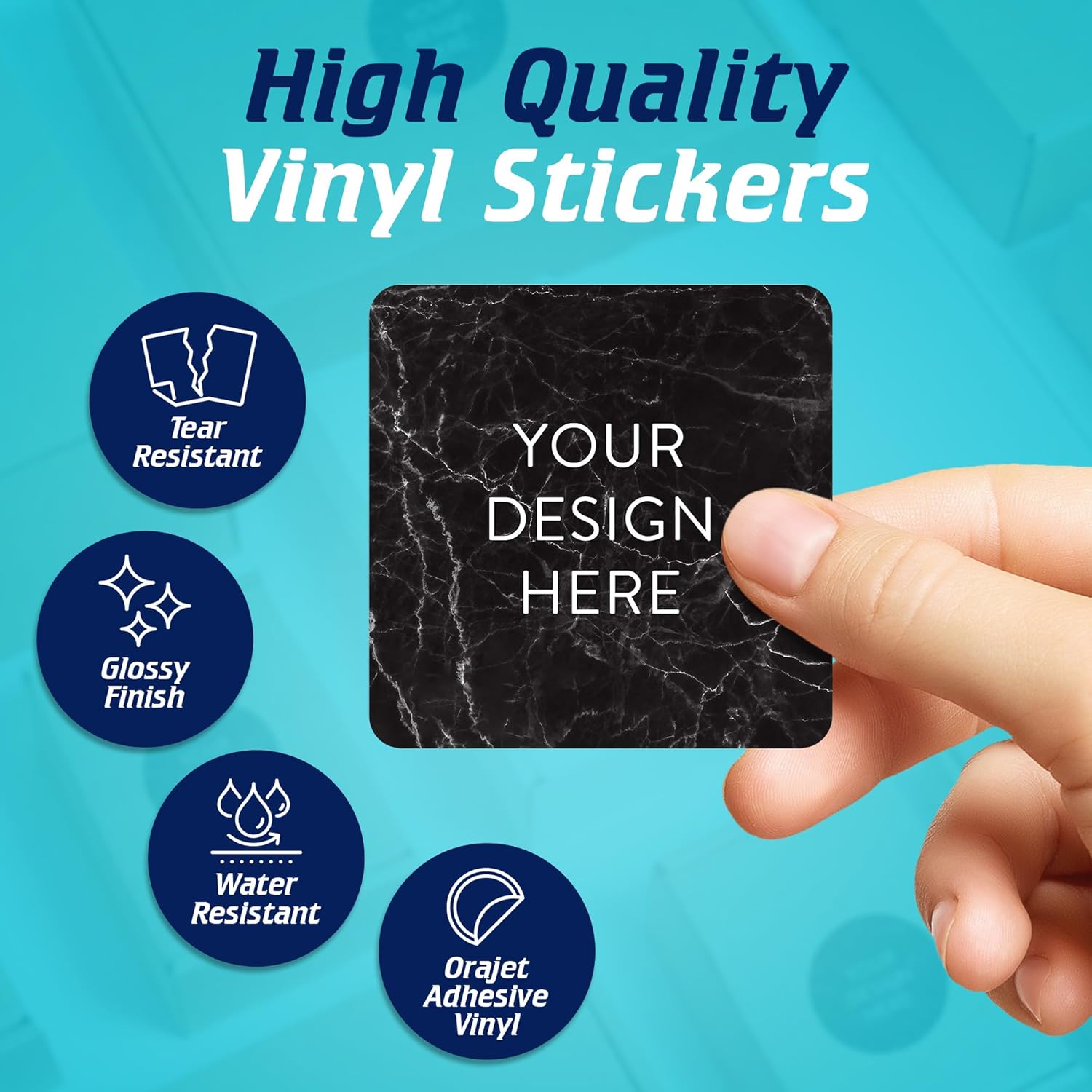100 Custom Vinyl Stickers - Upload Your own Image, Text, Design, Logo - Personalized Logo Labels for Handmade, Packaging, Bottle, Jars, Candle, Brand Stickers (Black Marble, 2x2 Square)