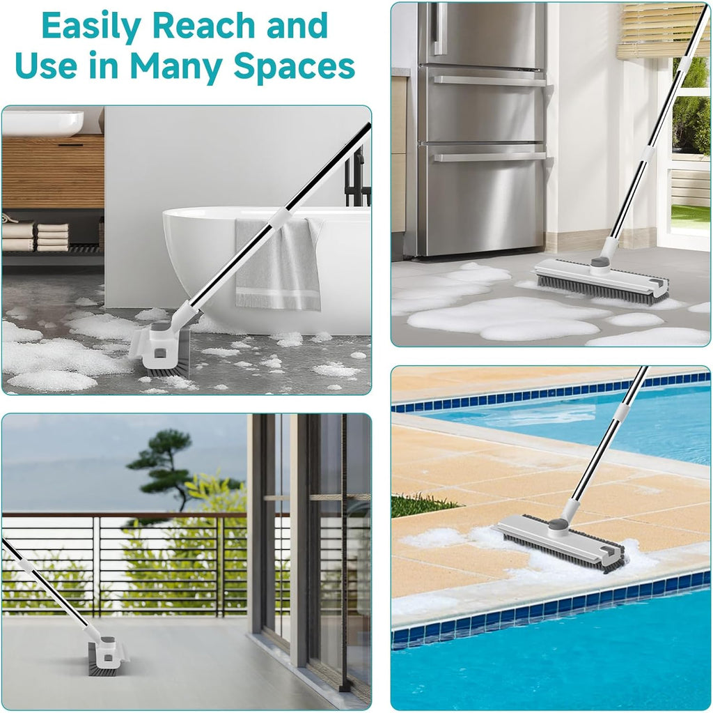 Floor Scrub Brush with Long Handle Length Adjustable, 3 in 1 Heavy-Duty Stiff 90° Bristle Floor Scrubber Broom with Squeegee, for Bathroom, Garage, Kitchen, Tile, Deck & Patio (White)