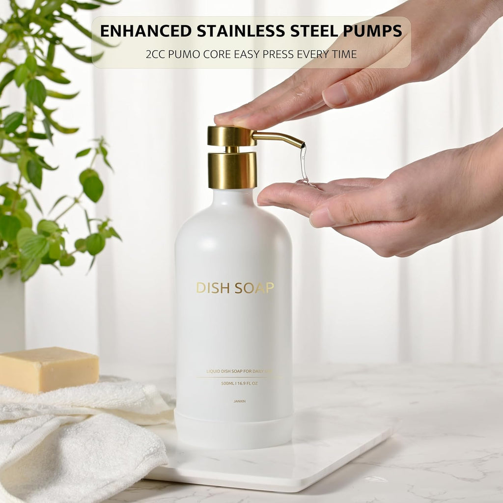 Glass Soap Dispenser Set by Janxin,Bathroom Soap Dispenser Set with Ceramic Tray,Luxury Bathroom Accessories,Modern Kitchen Decor (White+Gold(Dish Soap))