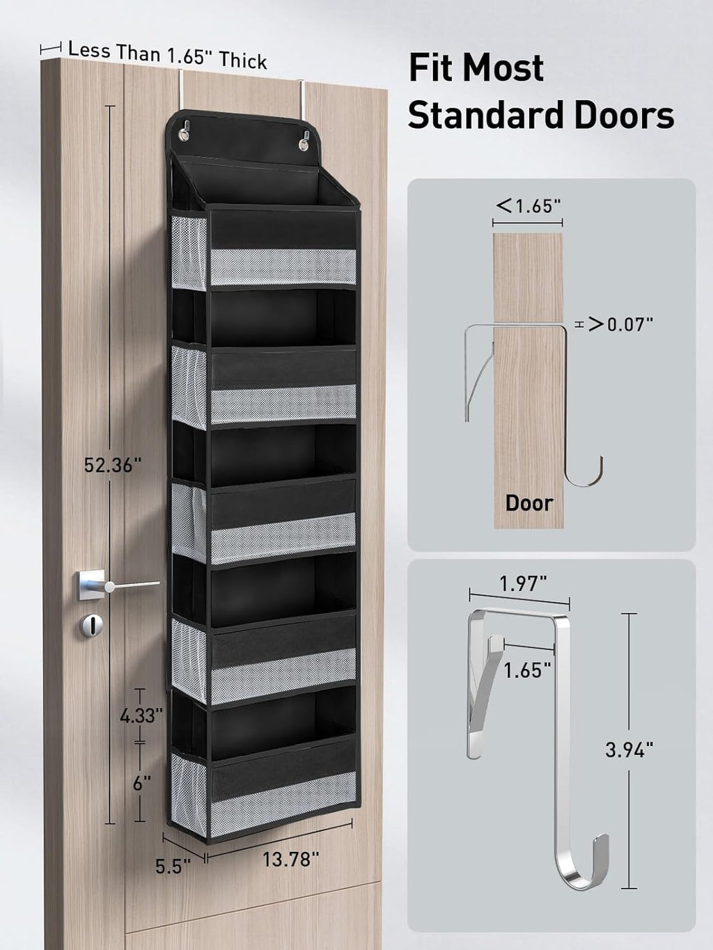 Yecaye 1 Pc Over the Door Organizer with 5 Bins 10 Side Pockets, 44lbs Load Hanging Bathroom and Bedroom Organizer, behind the Door Hanging Organizers for Nursery Newborn Baby Essential Stuff Black