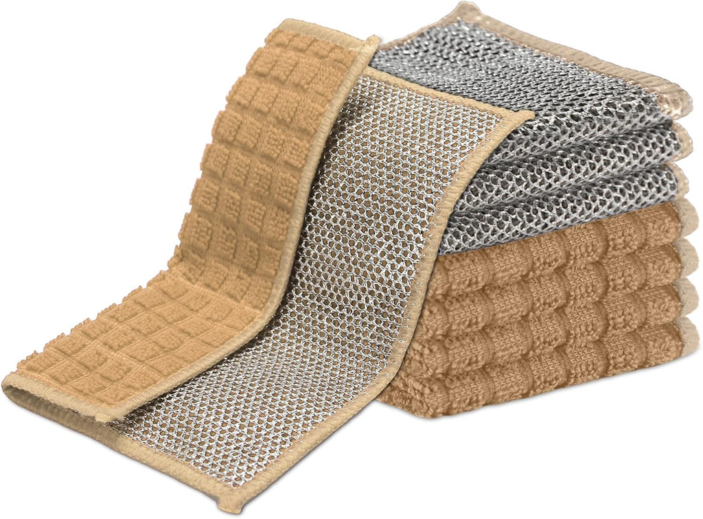 Dish Rags for Washing Dishes 8 Pack Multipurpose Wire Miracle Cleaning Coths Non-Scratch Wire Dishwashing Rag Lint Free Microfiber Cleaning Cloth for Kitchen Windows (Khaki)