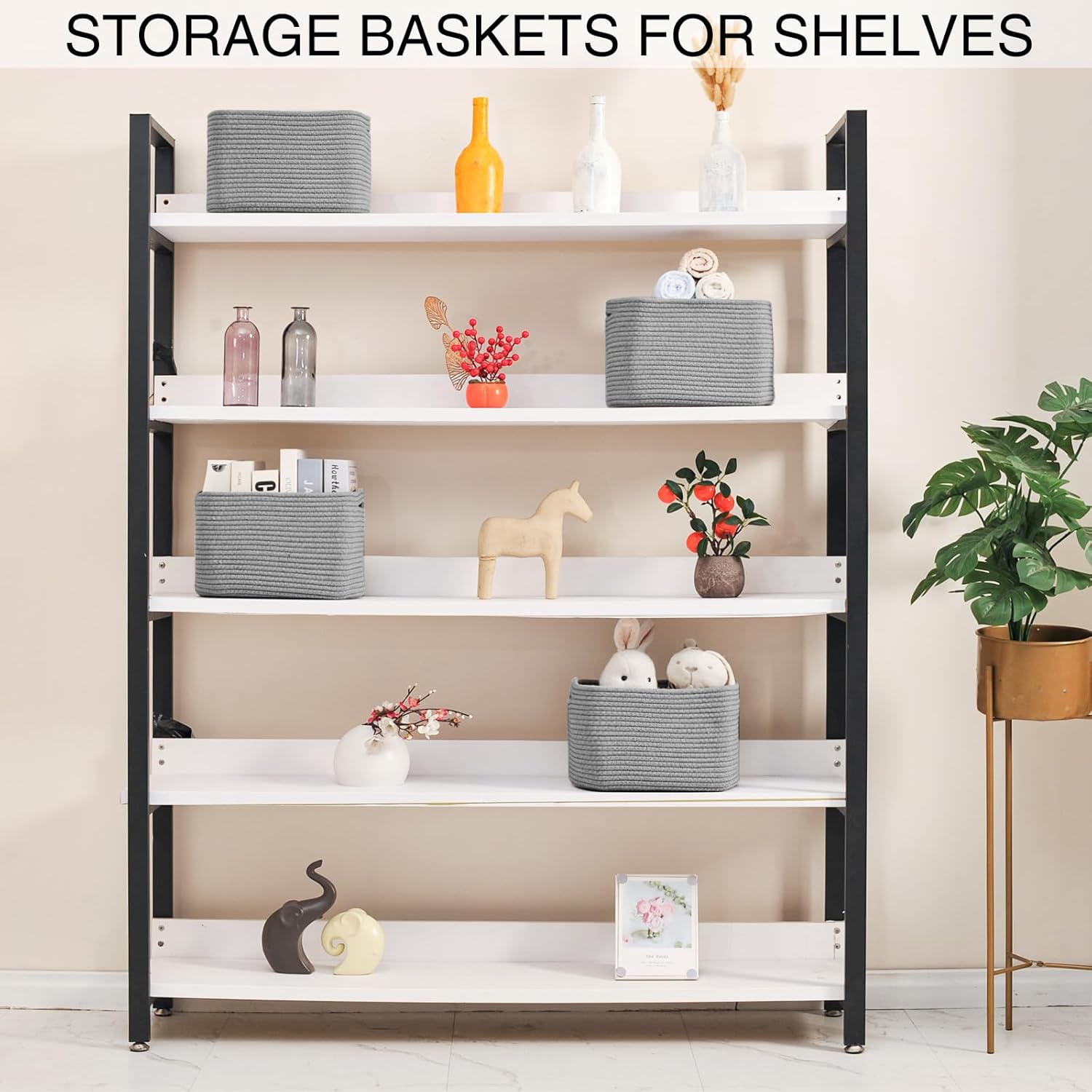 Small Storage Baskets for Organizing, Woven Storage Baskets for Shelves, Cotton Rope Basket for Storage, Cute Rectangular Book Toy Grey Basket, 12.7"×9.1"×7.9", 4 Packs, Grey