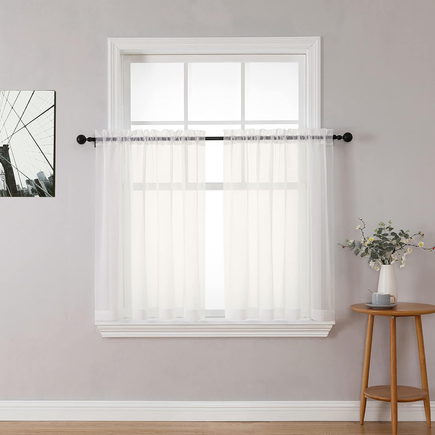 Chyhomenyc Ivory Sheer Curtains Tier 36 inch Length 2 Panels, Light Filtering Airy Rod Pocket Short Curtains Window Treatment for Small Windows/Bathroom/Cafe/Living Room/Farmhouse, 42x36 Inch