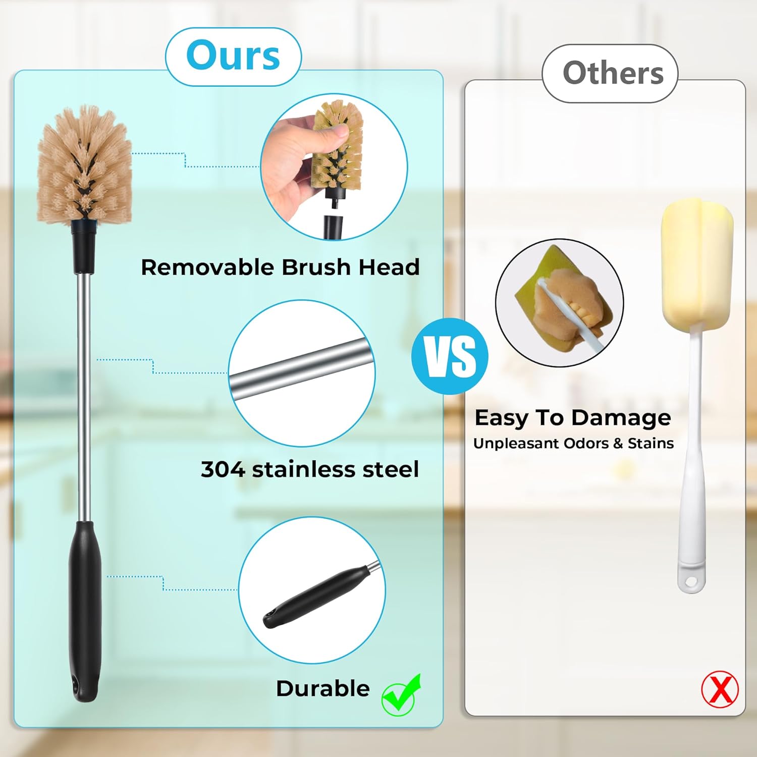 2-in-1 Long Handle Bottle Brush - Water Bottle Cleaning Accessories - Flexible Scrub Brush for Water Bottles,Mugs, Glasswares - with Replacement Brush Heads，Dishwasher Safe Reusable，Brown