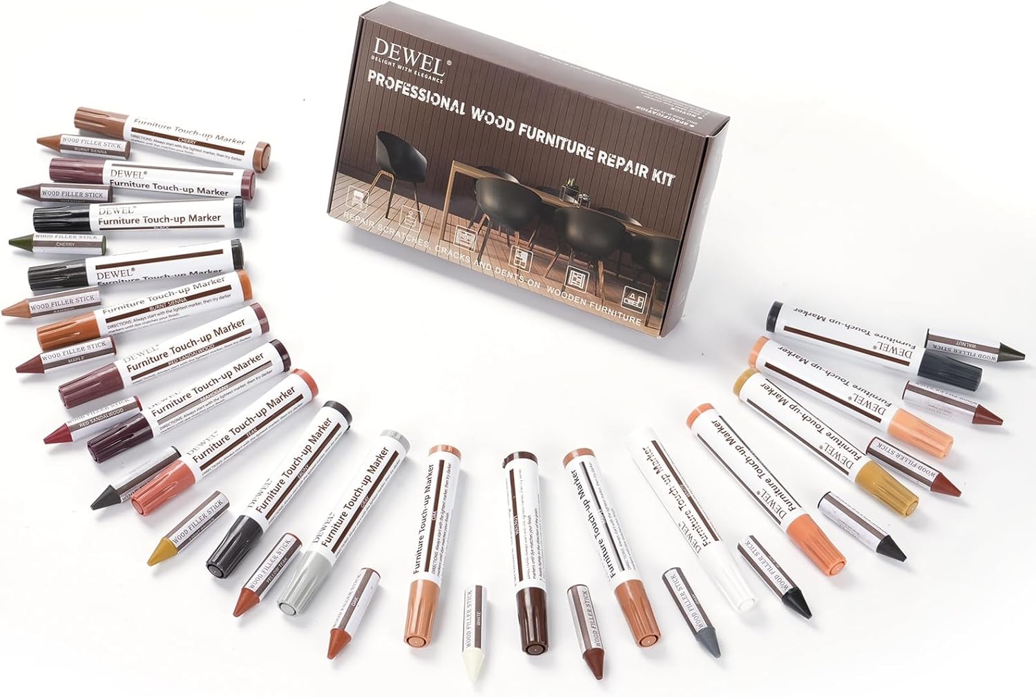 DEWEL Wood Furniture Markers & Filler Sticks Repair Kit, New Improved 18 Colors Touch Up Markers and Wax Sticks - Cover Damaged Wooden Surface and Floor, for Pet Scratches, Stains, Cracks and Dents