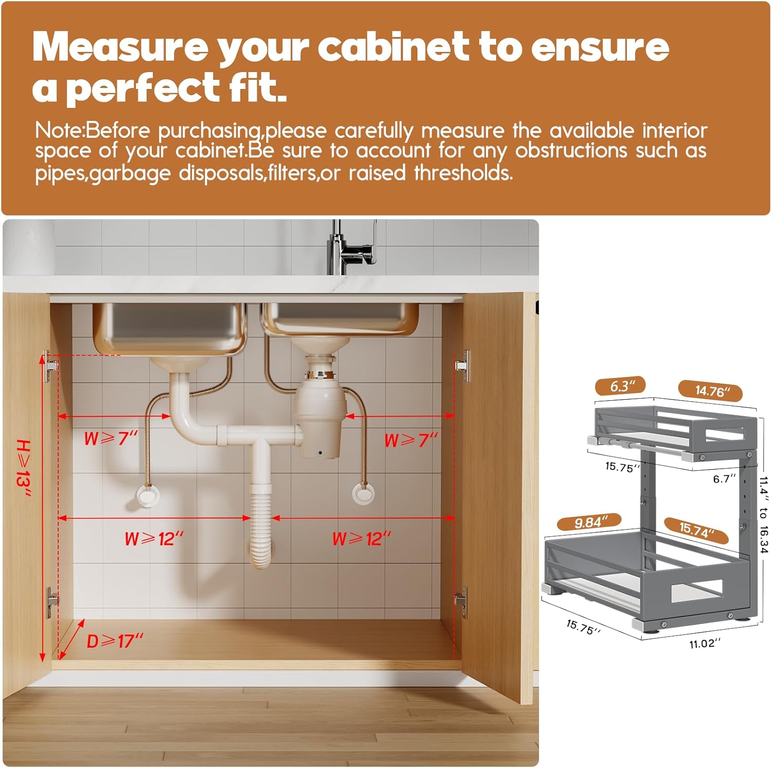1-Pack Under Sink Organizers and Storage,2-Tier L Shape Pull Out Cabinet Organizer With Round Tube Slide Rails,Hight Adjustable Slide Out Drawers for Kitchen&Bathroom,Multi-Purpose Storage Shelf-Gray