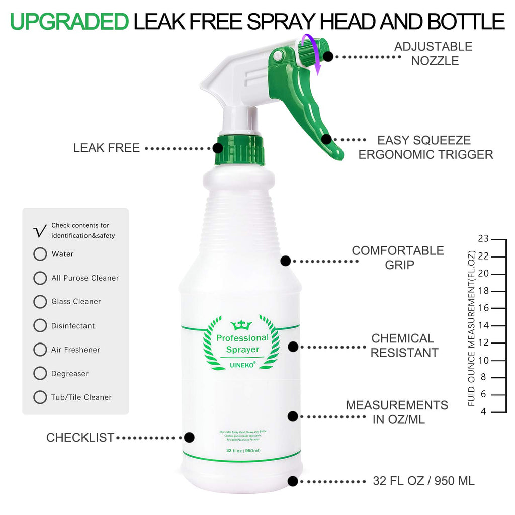Plastic Spray Bottle 2 Pack, 32 Oz, All-Purpose Heavy Duty Spraying Bottles Leak Proof Mist Empty Water Sprayer for Cleaning Solution, Essential Oils, Hair, Planting with Adjustable Nozzle - Green