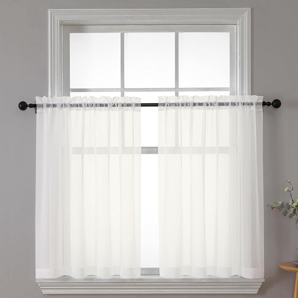 Chyhomenyc Sheer Curtains Tiers 2 Pieces Set, Light Filtering Small Curtains 24 in Length, Short Bathroom Living Room Cafe Basement Voile Window Curtains, Rod Pocket, 42W x 24L Inches, Ivory