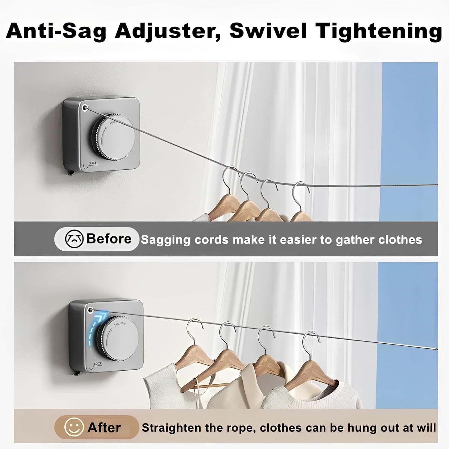 13.8ft(4.2M) Retractable Clothesline, Non-sag Clothesline, Indoor & Outdoor Heavy Duty Retractable Clothesline, Wall Mounted Stainless Steel Washing Line (Gray)