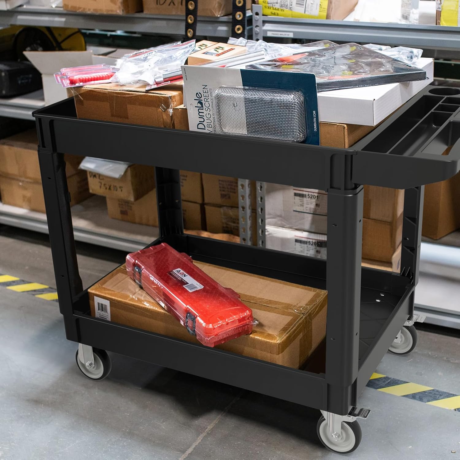 2 Tier Plastic Rolling Cart Utility Cart on Wheels, Heavy Duty Tool Carts with Ergonomic Storage Handle and Deep Shelfs, Work Cart Service Carts for Garage, Warehouse, Workshop, Office, Cleaning