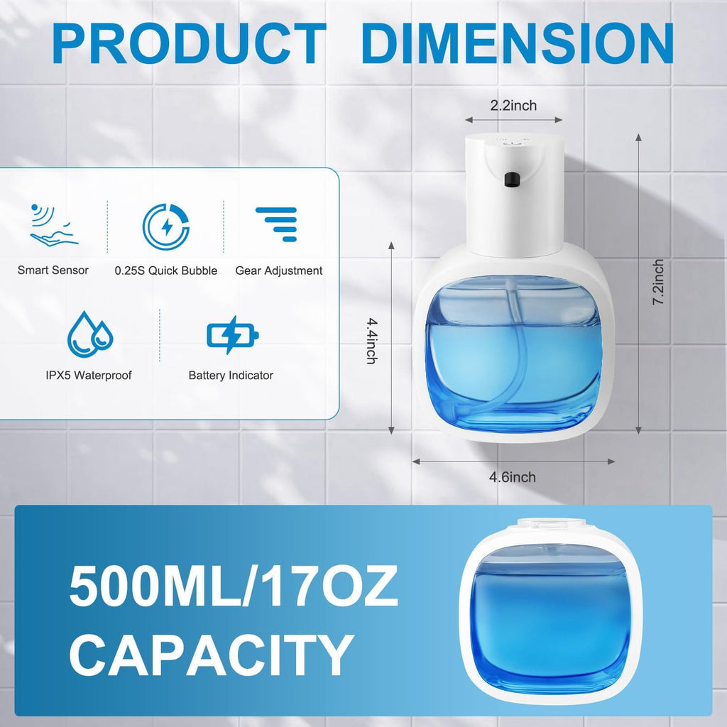 Automatic Foaming Soap Dispenser with 500ml/17oz Capacity, Touchless Soap Dispenser with 4 Level Adjustable, Rechargeable, Wall-Mounted, Waterproof for Kitchen, Bathroom, Hotel, Restaurant