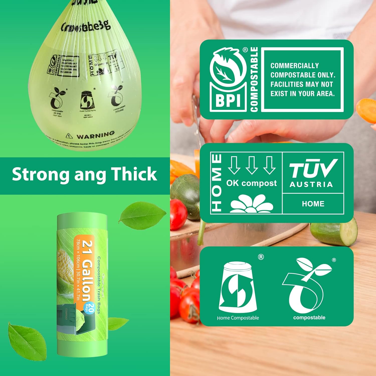 GreFusion Compostable Trash Bags 21 gallon,20 Count,Extra Thick 1.28 Mills,Fits13-25 gallon trash can, Extra Strong and thick,Compostable Lawn & Leaf Yard Waste bags,ASTM D6400,Bpi Certified