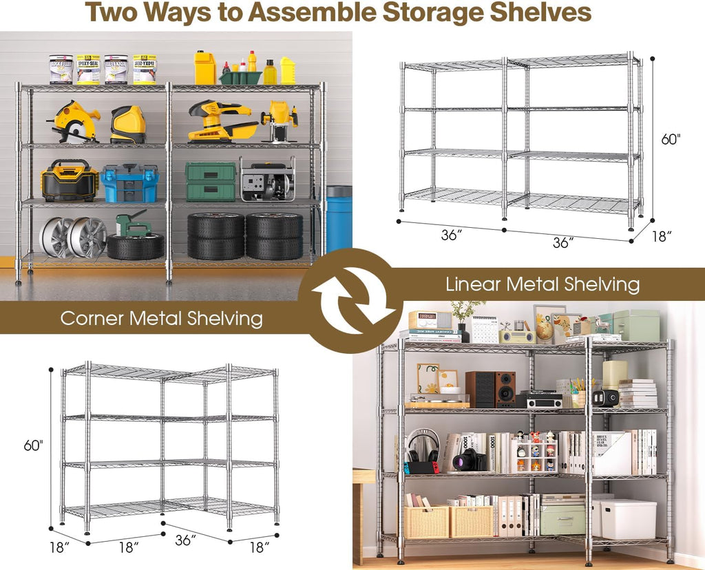 Himimi 4-Tier Adjustable Metal Shelving - 1600LBS Capacity, Heavy Duty Wire Organizer for Pantry, Kitchen, Garage, Laundry, 72" W x 18" D x 60" H, Silver