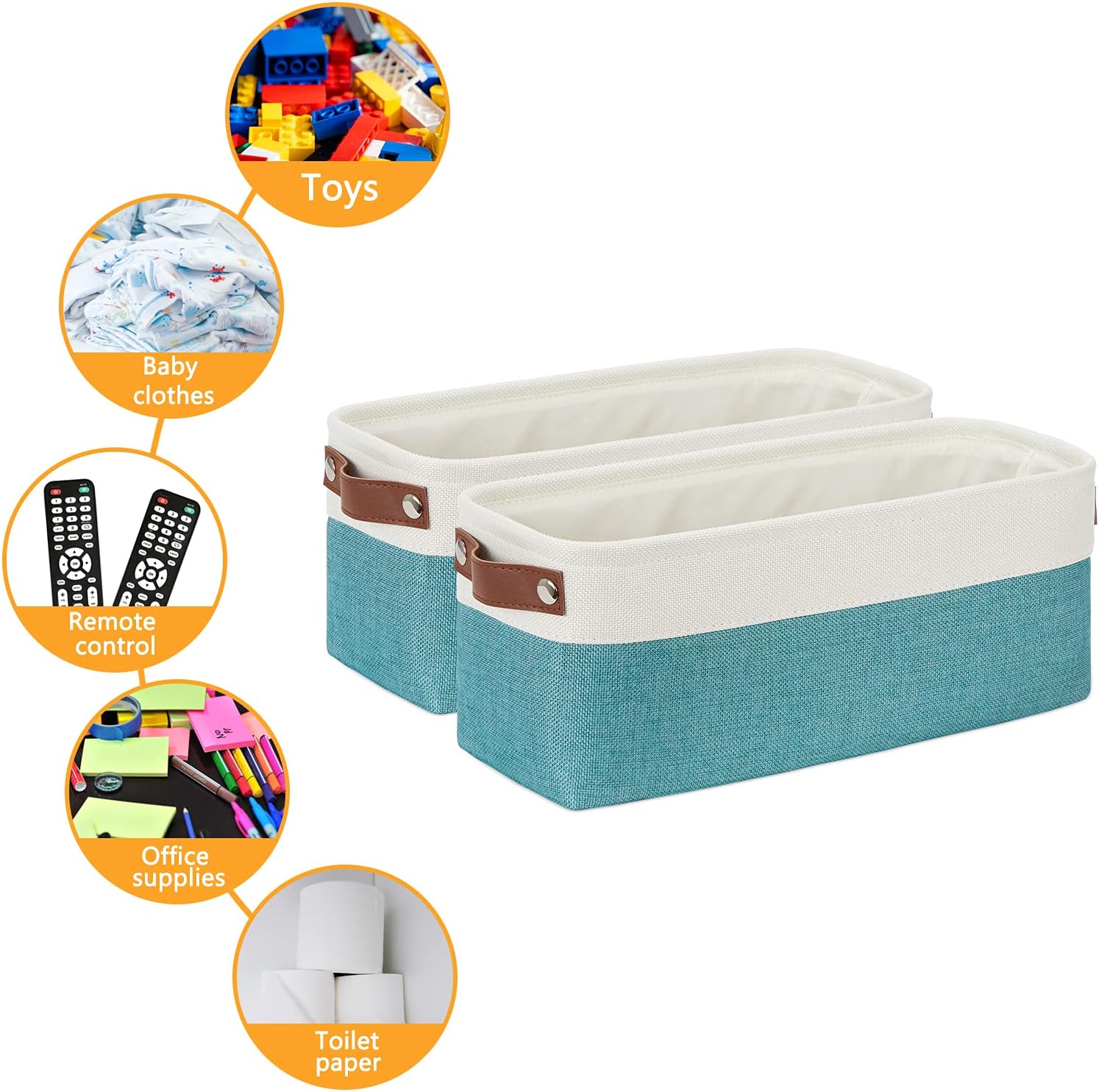 DULLEMELO Small Bathroom Closet Storage Baskets Canvas Fabric Storage Bins for Toilet 2 Pack Collapsible Home Organizer With Handles (White&Teal)