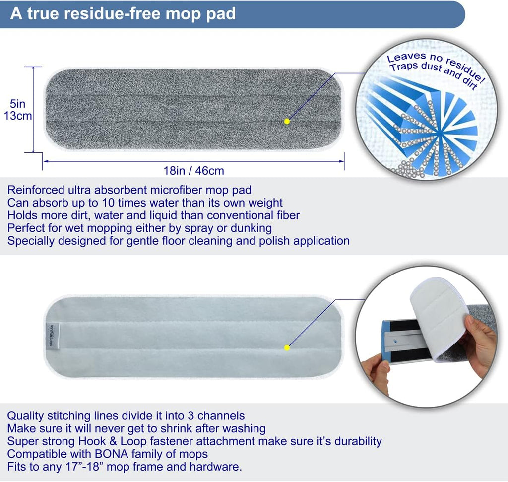 Replacement Microfiber Mop Pads - 18''x5'' Wet Dry Floor Cleaning Pad Compatible with Bona Floor Care System, Reusable Mop Refill Fits 17” to 18” Flat Mop - 4 Pack