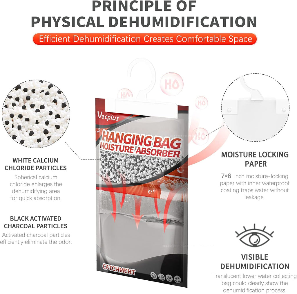 Vacplus Moisture Absorbers, Hanging Closet Dehumidifier Bags, Humidity Packs, Desiccant, Closet Dehumidifiers with Activated Charcoal, 10 Pack, 9.8 OZ