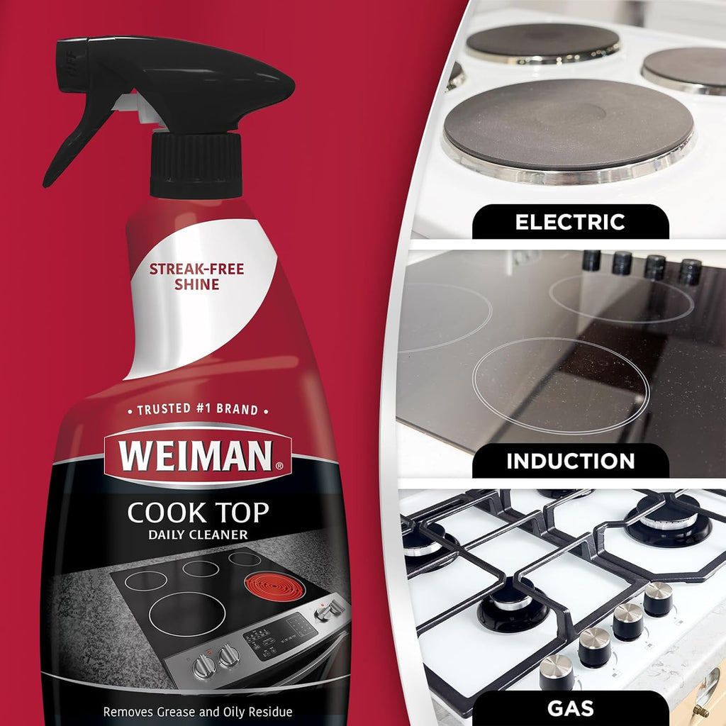 Weiman Glass Cooktop Cleaner & Polish For Daily Use on Ceramic, Induction Stove Top, Removes Grease & Oily Residue, Streak Free Shine, 12 oz, 2 Pack, Micro Fiber Buffing Towel