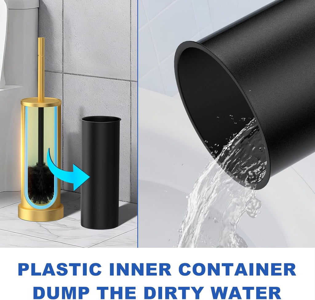 Toilet Brush and Holder Set: 304 Stainless Steel Brushed Gold Toilet Bowl Brush and Holder with Removable Inner Bowl and Splash Protection, Heavy Duty Long Handle Bathroom Cleaning Tool