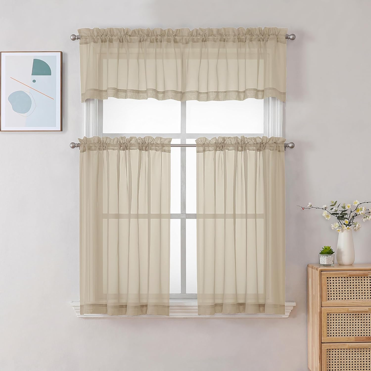 Chyhomenyc Taupe Sheer Curtains 24 Inch Length, Short Window Curtains for Bathroom Living Room Basement, Light Filtering Small Cafe Curtains, 42W x 24L Inches, 2 Panels