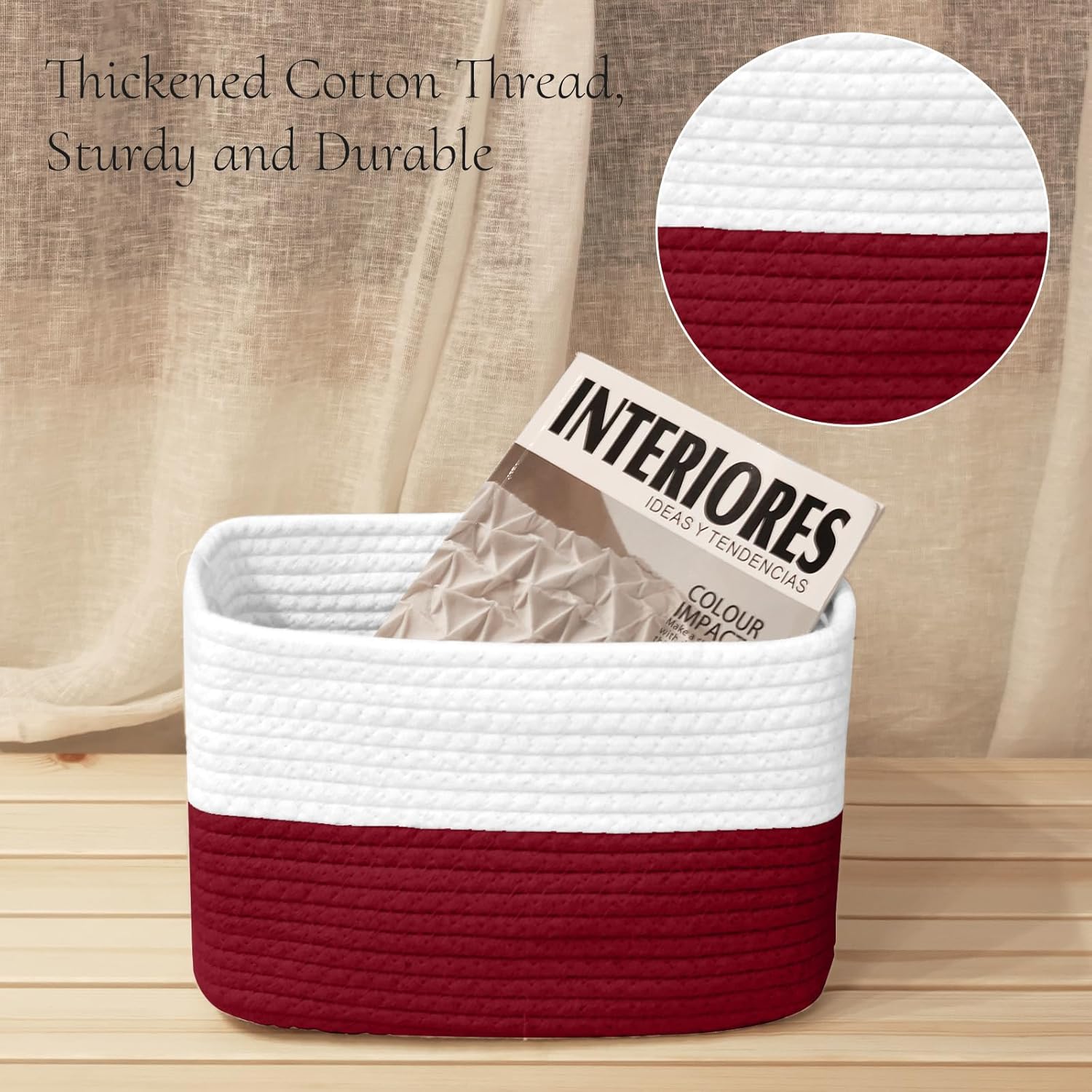 Hopegiver Woven Storage Baskets 11x8x7 Inch, 3 Pack Collapsible Cube Storage Bin for Shelves - Foldable Cotton Rope Organizer Bins for Towels, Toys, Books, Closet, Nursery (White Red)