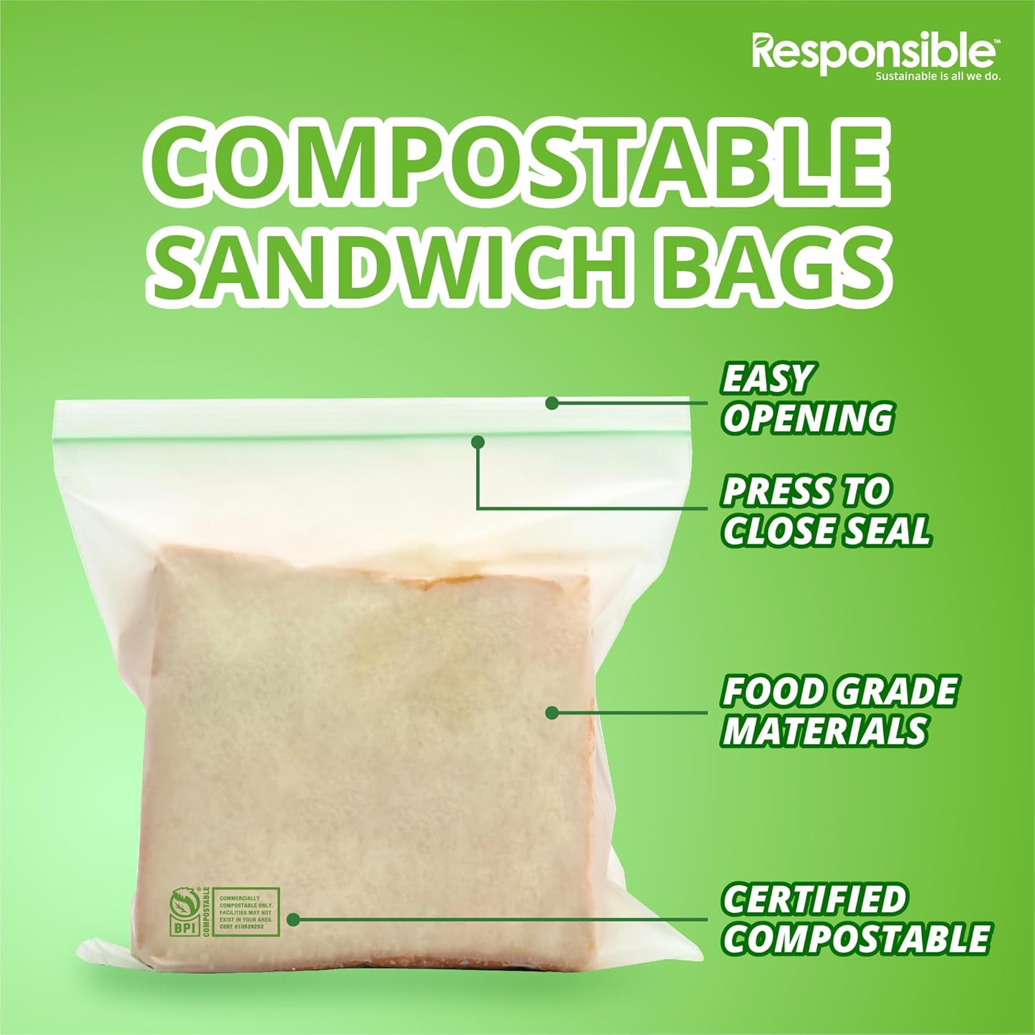 Responsible Products Certified Compostable SANDWICH Resealable Zip Bag, Extra Strength Food Bags, Plant-Based Freezer-Safe (68 Pack)