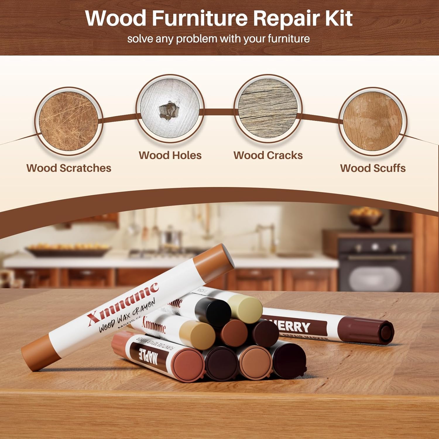 12 Colors Wood Filler Sticks Furniture Markers, Wood Floor Scratch Repair Kit for Repair Any Furniture Scratch, Scuffs, Cracks and Nail Holes on Wood Furniture, Floors, Doors, Cabinets, Tables