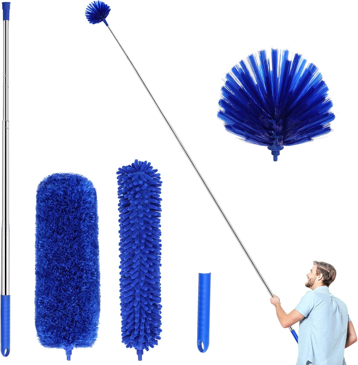 Duster, Microfiber Dusters with 2 Handle Sets, Durable 15-98.1 Inches Long Telescopic Rod, Washable, Feather Dusters for Cleaning Cobweb and Ceilings Fans, 5 Pack (Blue)