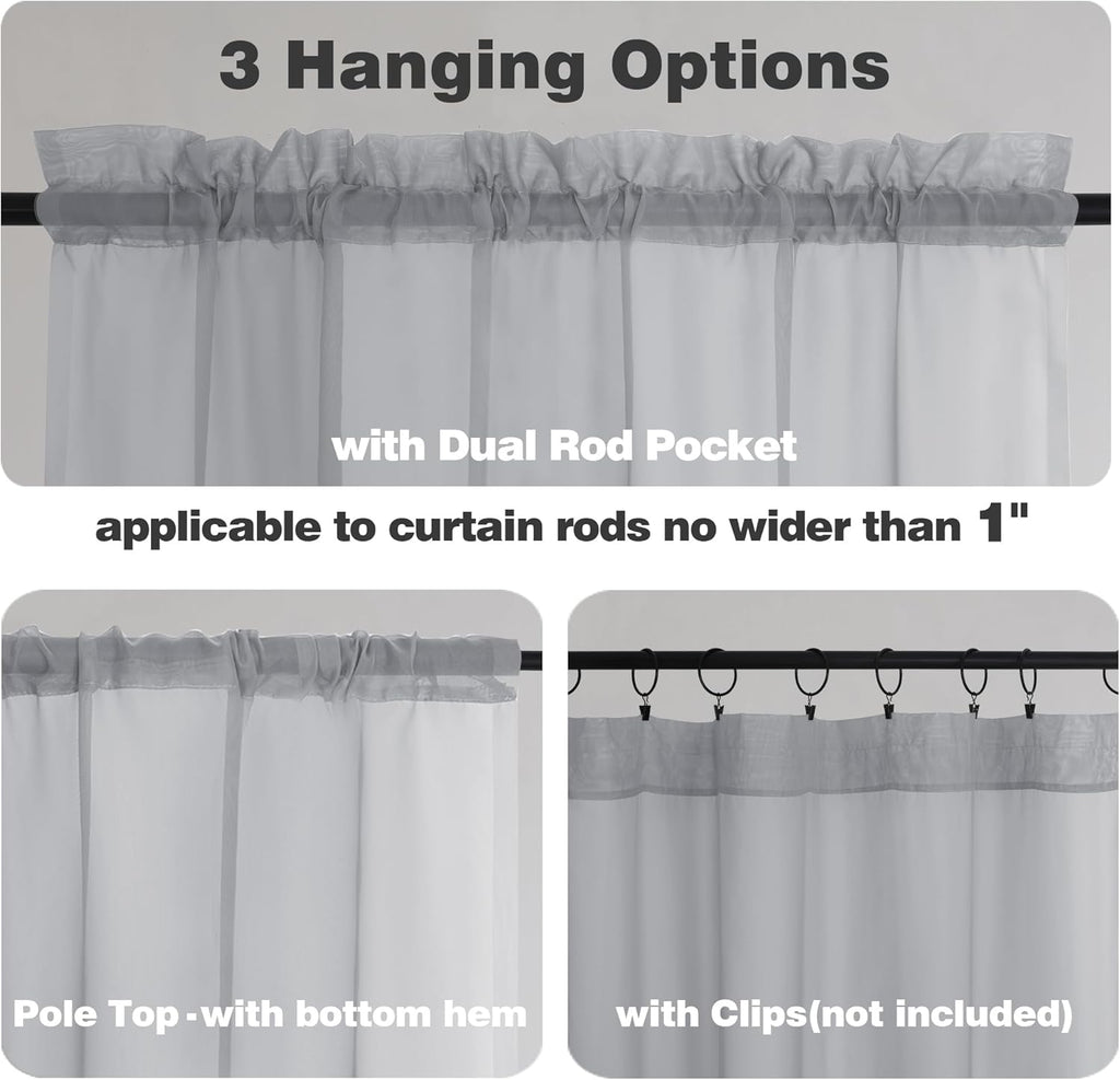 Chyhomenyc Sheer Valances for Windows 2 Pack, Small Window Curtains for Living Room Bathroom Cafe Laundry Basement, Modern Top Dual Rod Pocket Voile Curtain, 42W x 18L inches, Light Grey