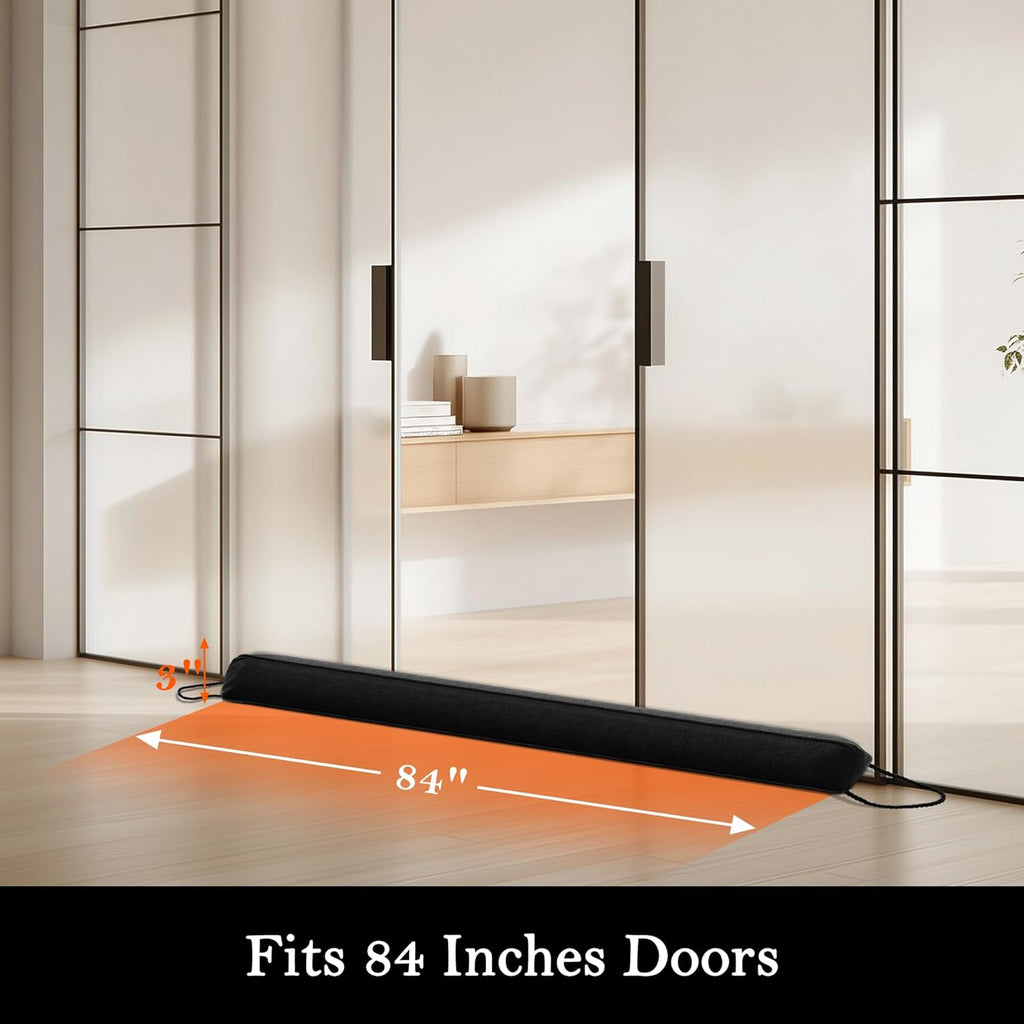 Sunolga 84" Door Draft Stopper Blocks Hot and Cold Air with Removable Washable Cover for Gaps Up to 3", All-Season Seal for Noise, Wind, Under Door Sweep for Bottom of Door, Home Essentials, Black