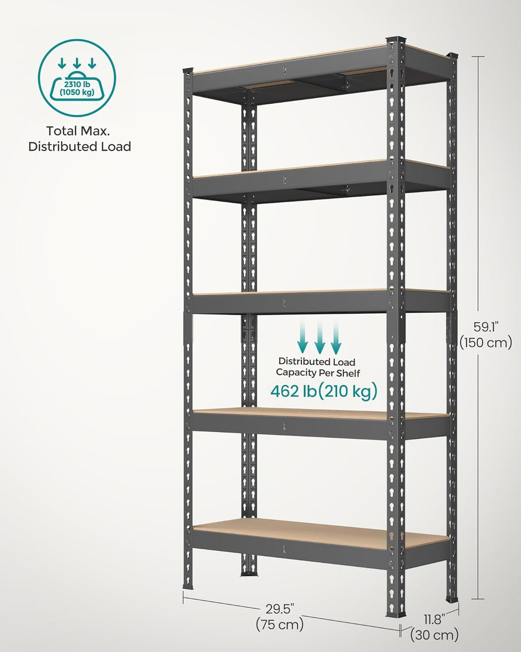 SONGMICS 5-Tier Storage Shelves, Load 2310 lb, Set of 2 Garage Storage, Boltless Assembly, Adjustable Shelving Unit, 11.8 x 29.5 x 59.1 Inches, for Study Shed Basement, Gray UGLR300G02