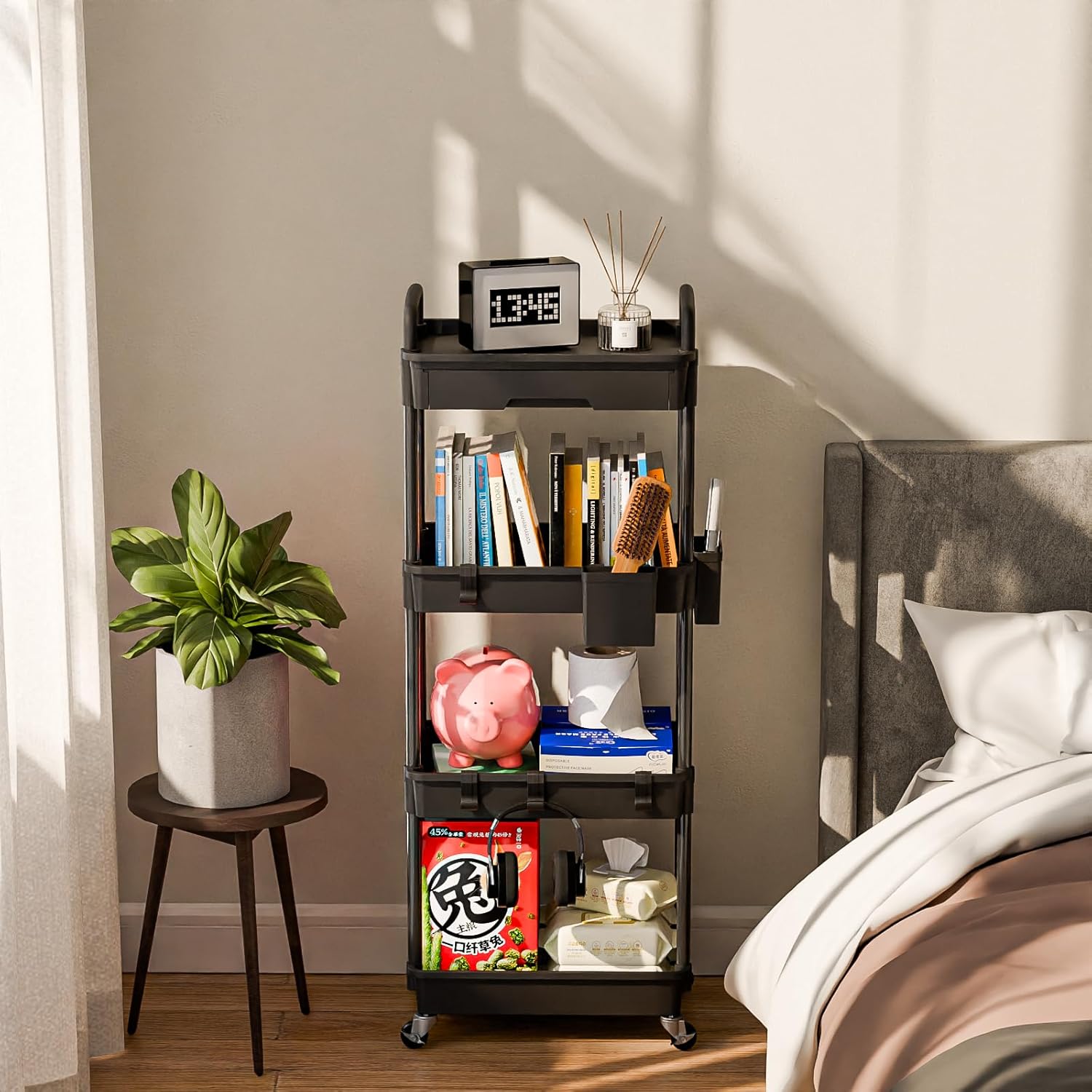 4 Tier Rolling Cart Organizer,Art Craft Diaper Bedside Snack Laundry Room Bathroom Organizer Narrow Thin Slim Rolling Trolley Utility Cart with Wheels for Kitchen,Office(Black)
