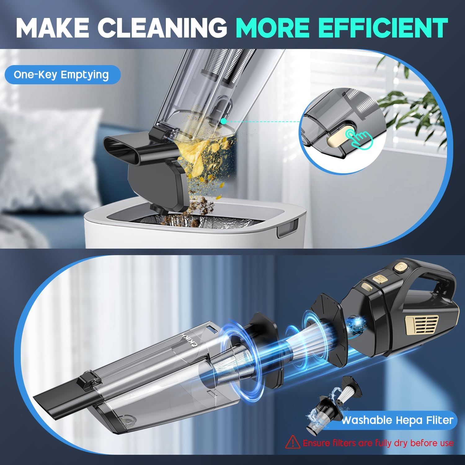 Handheld Vacuum Cordless, 15000PA Strong Suction Hand Held Car Vacuum Cleaner Portable with Multi-Nozzles & Washable Filter, Lightweight Dust Busters Rechargeable for Home, Car, Office, Pets