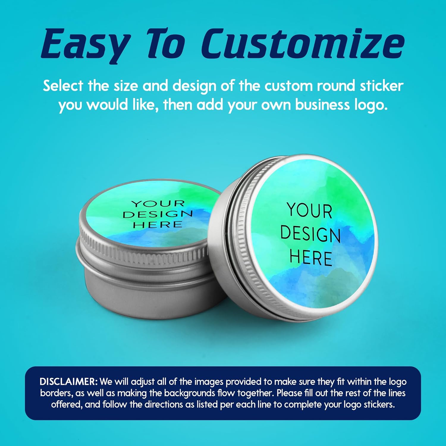 100 Custom Vinyl Stickers - Upload Your own Image, Text, Design, Logo - Personalized Logo Labels for Handmade, Packaging, Bottle, Jars, Candle, Brand Stickers (Blue Green, 3x3)