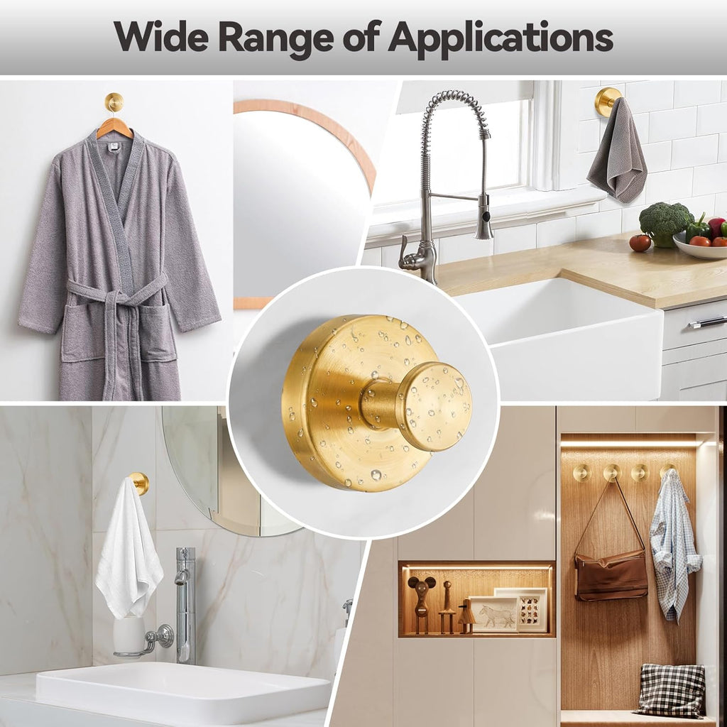 4 PCS Suction Cup Hooks for Shower, Stainless Steel No Drill Suction Towel Hooks, Reusable Sticky Silicone Suction Cup Base for Bathroom Wall, Glass, Mirror, Tile to Hang Loofahs, Robes (Gold)