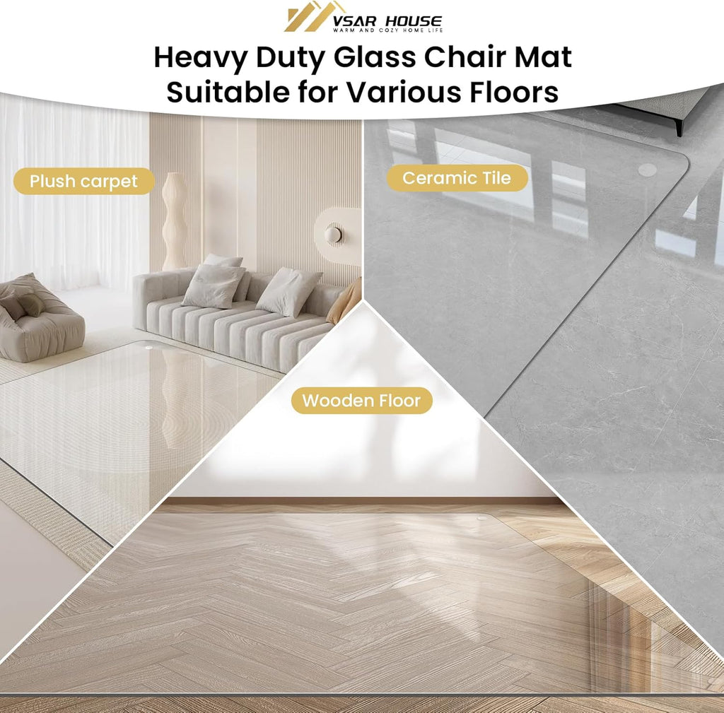 55"x46" Tempered Glass Chair Mat, Heavy Duty Glass Office Floor Mat for Carpet or Hardwood Floors, with Non-Slip Pads, Round Corner and Polished Edge, Effortless Rolling, Thick 1/5"