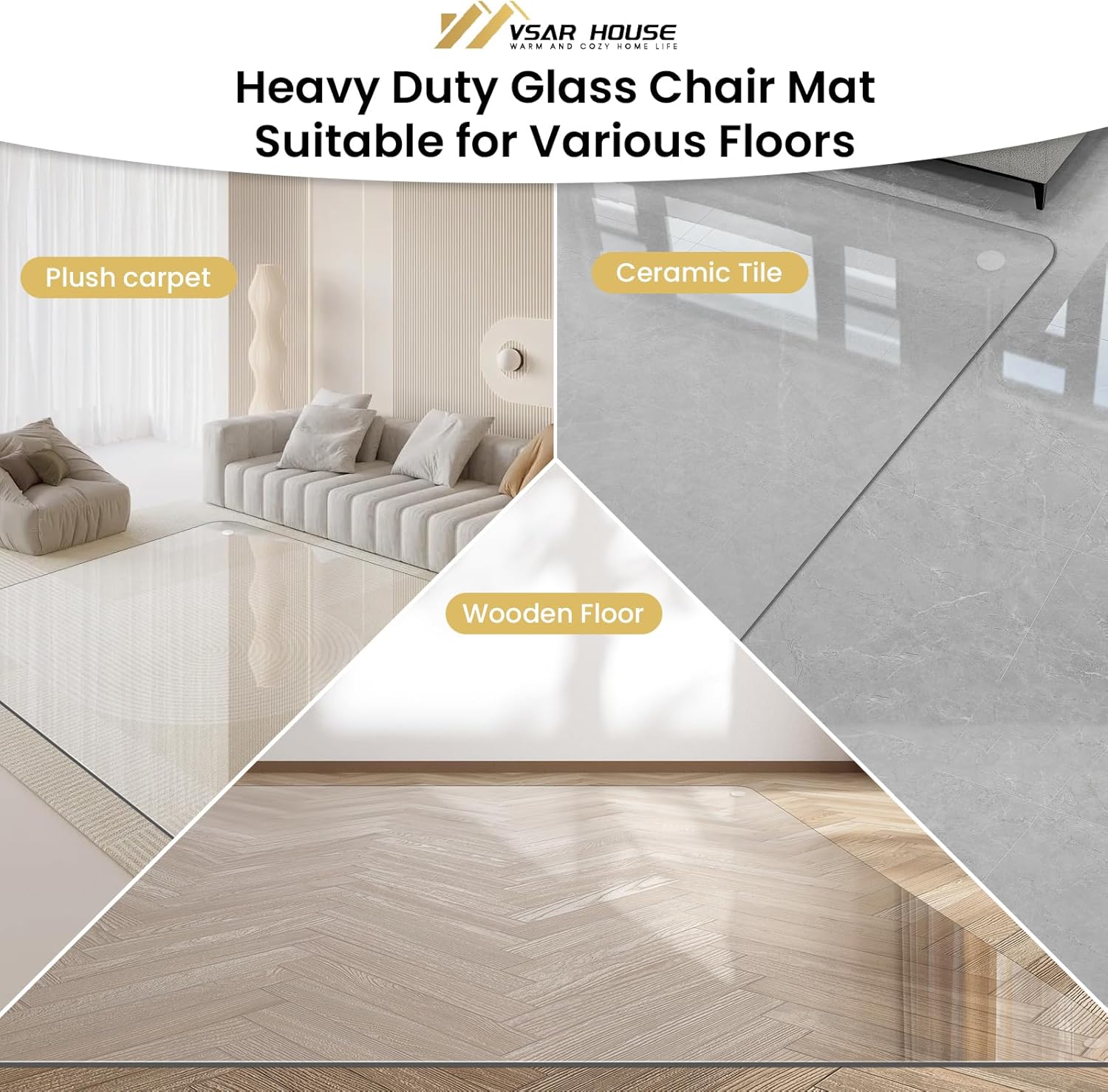55"x46" Tempered Glass Chair Mat, Heavy Duty Glass Office Floor Mat for Carpet or Hardwood Floors, with Non-Slip Pads, Round Corner and Polished Edge, Effortless Rolling, Thick 1/5"