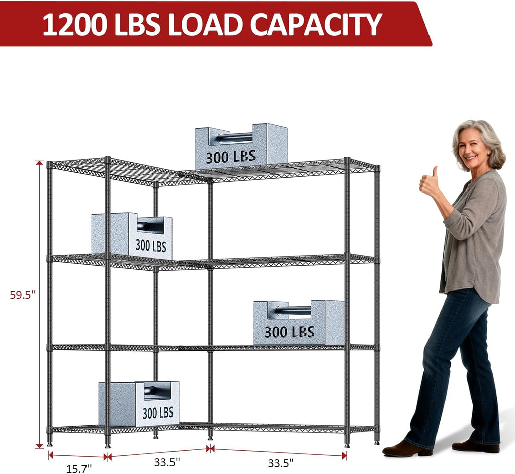 IZEUK 1147 LBS Garage Shelving Wide Storage Shelves Metal Shelves Heavy Duty Adjustable Utility Shelf Rack (Black, 4 Tiers, 15.7" D x 33.5" W x 59.5" H)