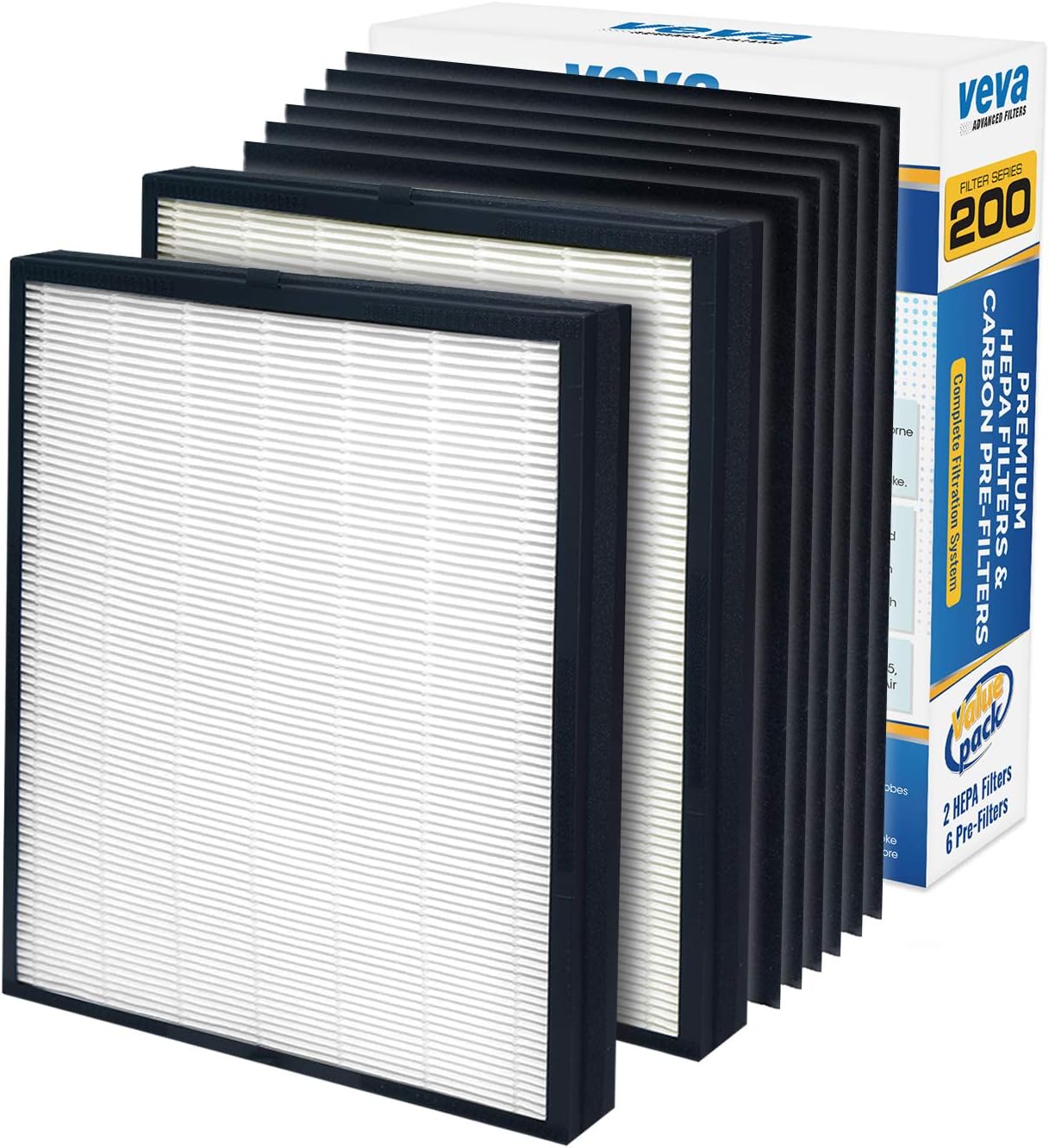 VEVA Premium 2 HEPA Replacement Filter Pack with 6 Activated Carbon Pre Filters to Stop Smoke Odor Dust for Blueair 200/300 Series Models 201, 203, 205, 215B, 250E, 270E, 303 Air Purifiers