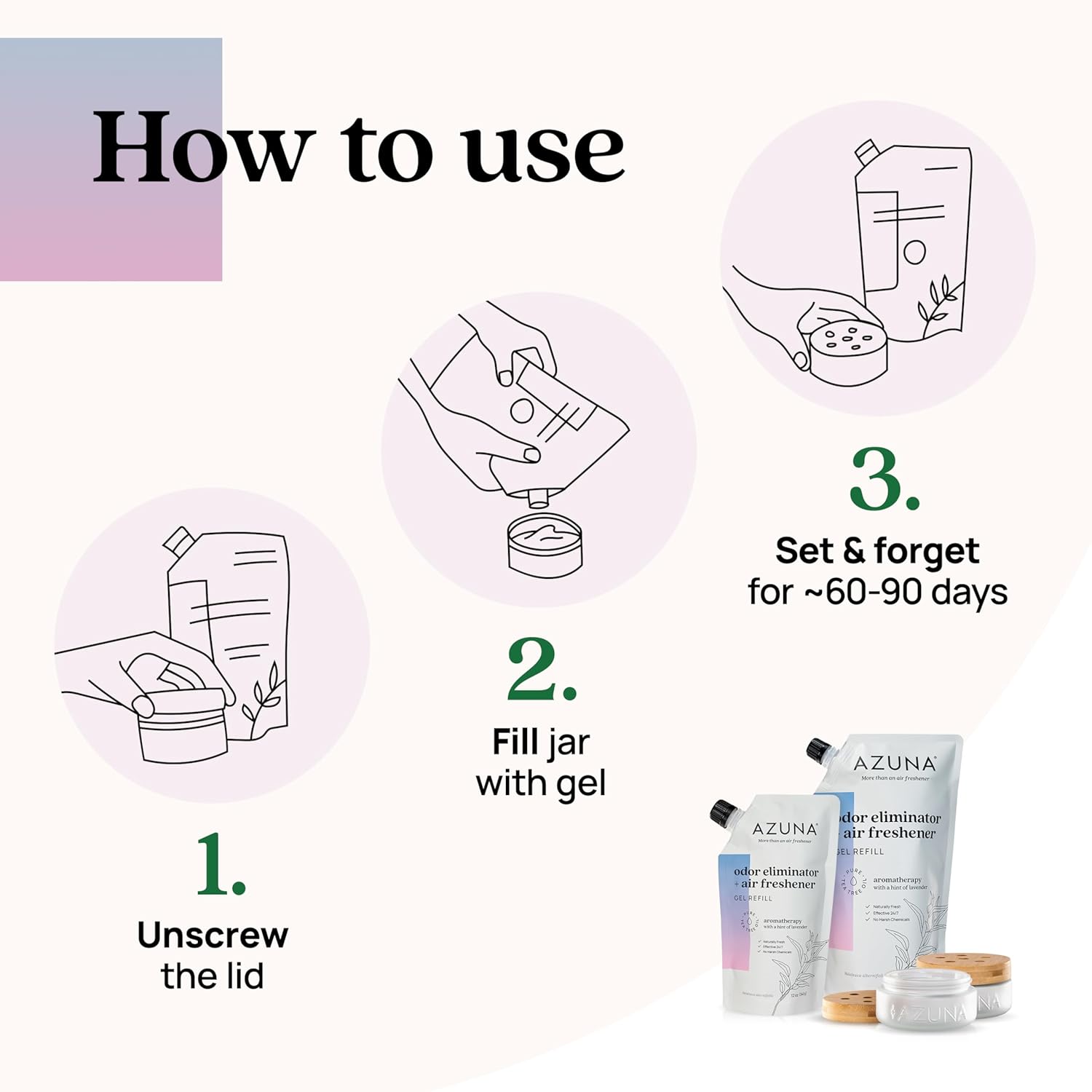 Azuna Air Freshener & Odor Eliminator for Strong Odor | 2 Room Kit Includes (2) 8 oz. Empty Luxe Glass Jars & 12 oz | Refill with Tea Tree Essential Oil Gel | Aromatherapy | Last 60-90 Days