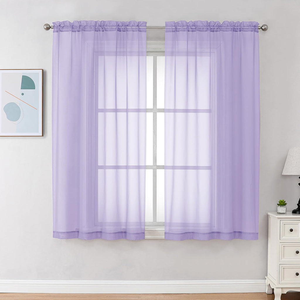 Chyhomenyc Lilac Sheer Curtains 45 Inch Long 2 Panels, Light Filtering Rod Pocket Voile Short Curtains Drapes for Living Room Bedroom Small Windows, 42Wx45L Inches