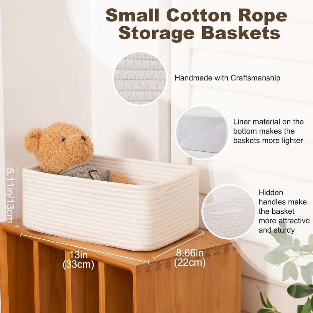 3 Pack Small Storage Baskets for Organizing, Cute Woven Decorative Gift Baskets for Shelves, Mini Closet Organizer Bins with Handles-13''Lx8.66''Wx5.11''H-White