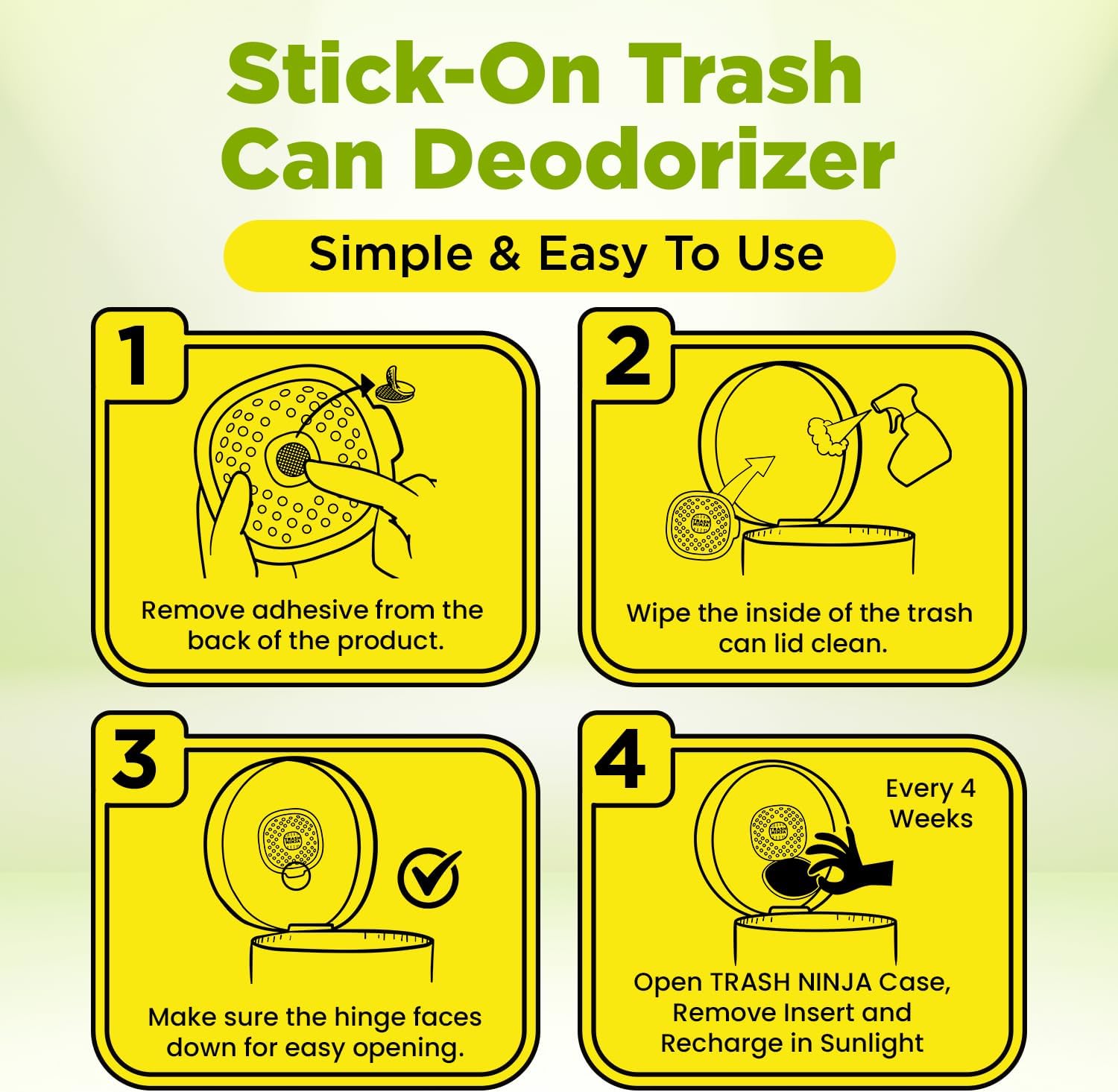 Trash Ninja Trash Odor Eliminator – Long-Lasting Citrus Scent Deodorizer with Activated Charcoal, Stick-On Freshener for Garbage Can, Fridge, Bathroom, Kitchen, and Diaper Pail Odors