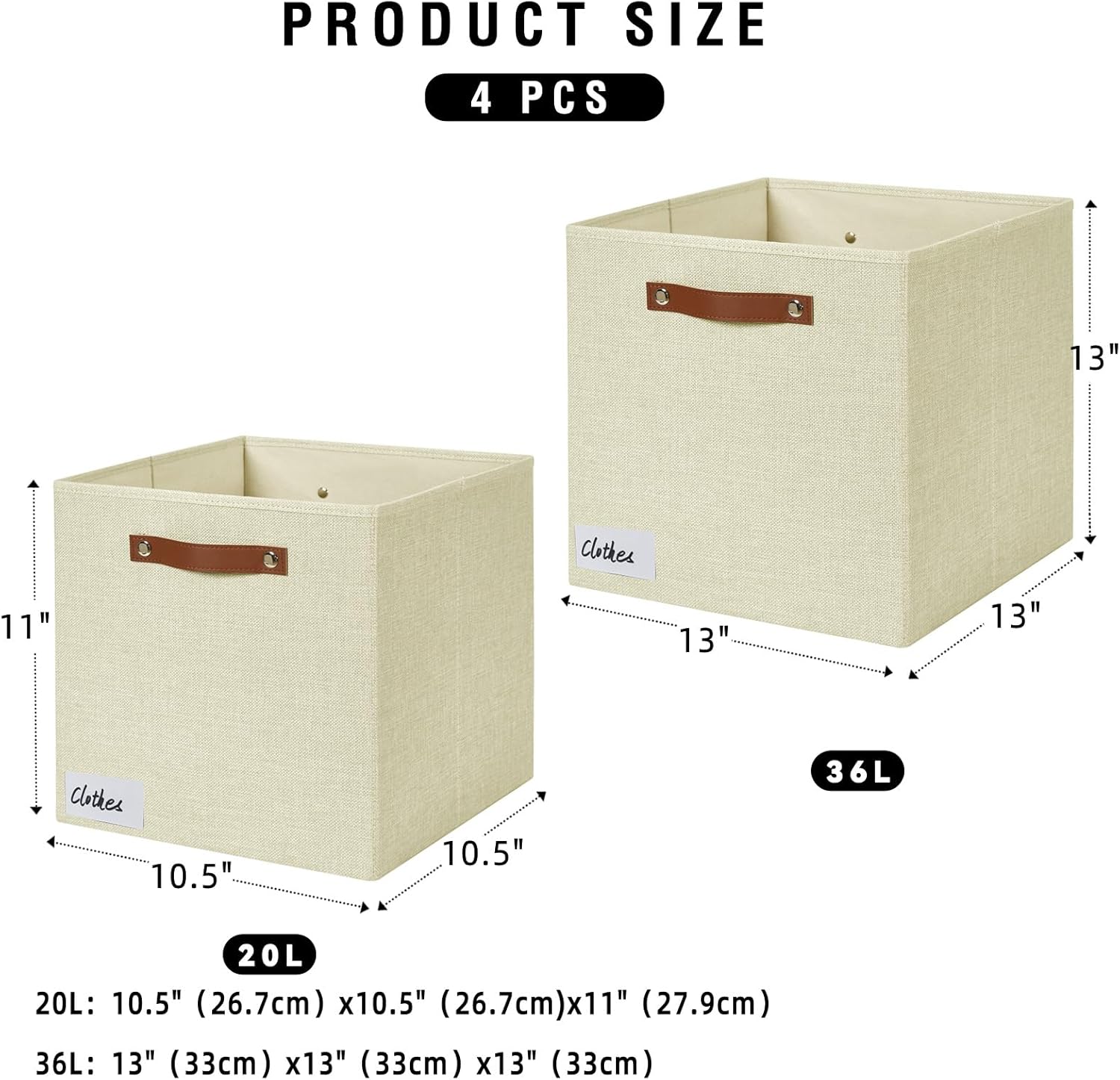 Collapsible Fabric Storage Cube Bins with 2 Reinforced PU Handles, Foldable Storage Organizer Baskets for Closet, Shelves, Living Room | 13"x13"x13", 4 Pack, Full Beige