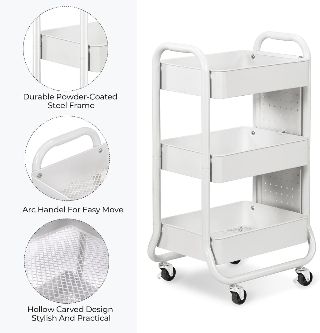 DESIGNA 3-Tier Rolling Cart, Utility Cart with Handle, Extra 3 Storage Accessories, Removable Pegboard, Easy Assembly Craft Carts for Kitchen, Bathroom, Office, Metal, White