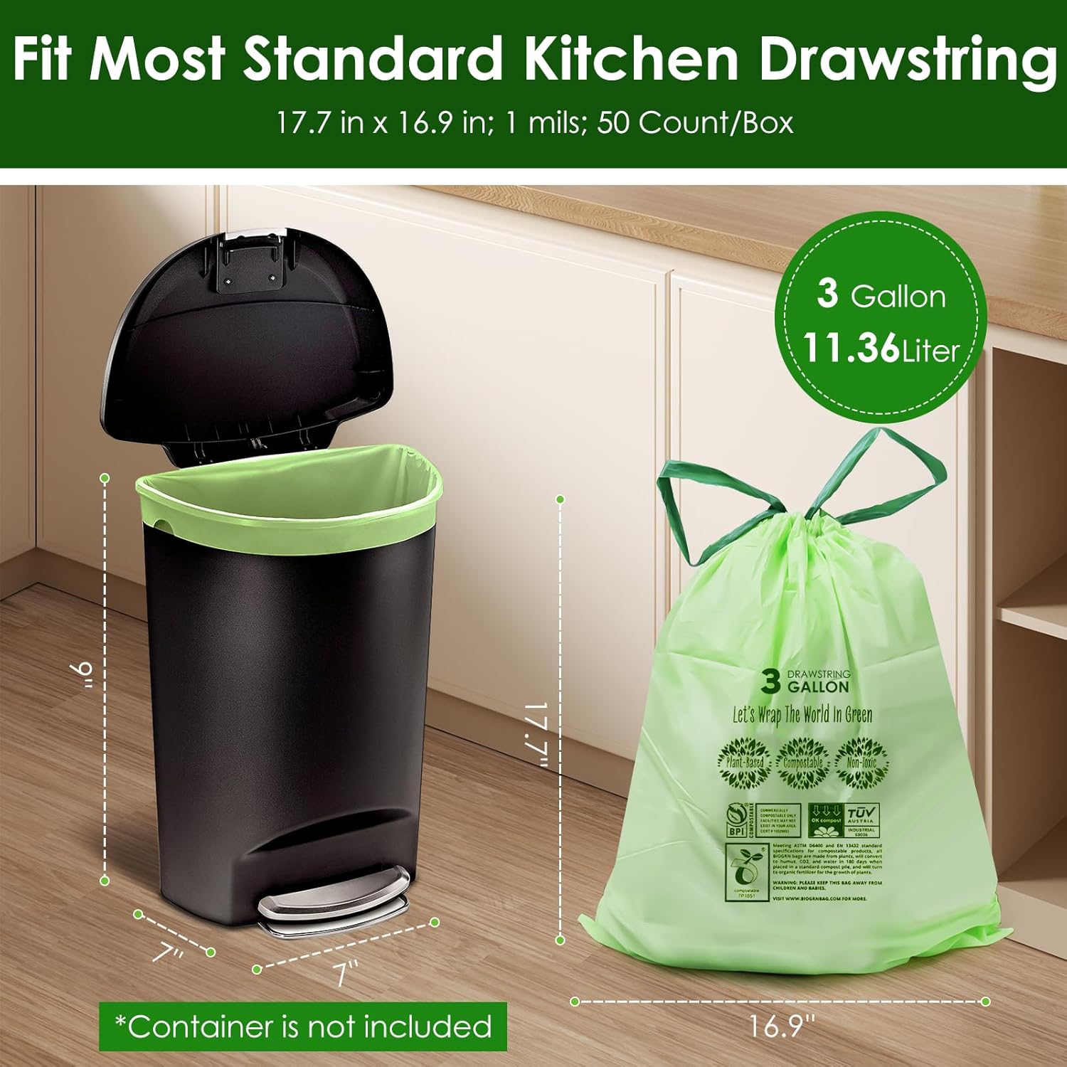 3 Gallon Compostable Trash Bags with Drawstring, Heavy Duty Extra Thick 1 Mil, 11.36 Liter, 50 Bags, Small Kitchen Food Scrap Waste Bag, US BPI and OK Compost Home Certified(3 Gallon 50 Count)