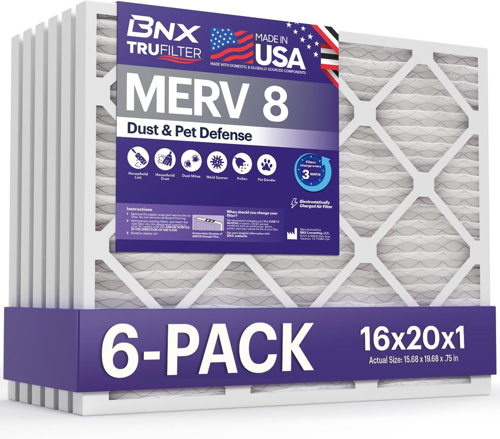 BNX TruFilter 16x20x1 Air Filter MERV 8 (6-Pack) - MADE IN USA – Dust & Pet Defense Electrostatic Pleated Air Conditioner HVAC AC Furnace Filters for Dust, Pet, Mold, Pollen MPR 600 – 700 & FPR 5