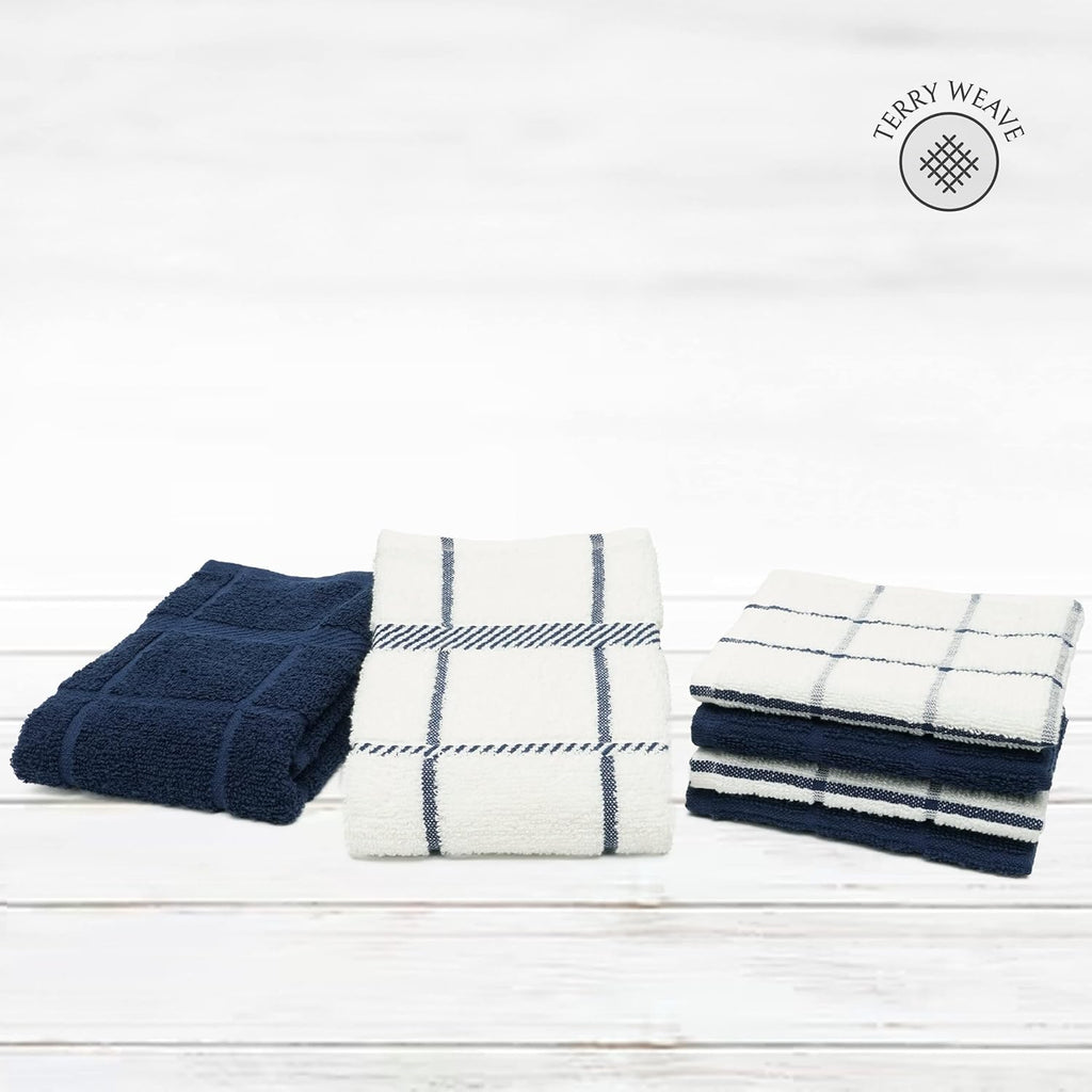 100% Cotton Terry Dish Cloth & Dish Towel, 6 Pack, Super Soft and Absorbent Kitchen Towels, Perfect for Kitchen Cleaning and Dish Washing (Navy Blue (DT and DC Combo))