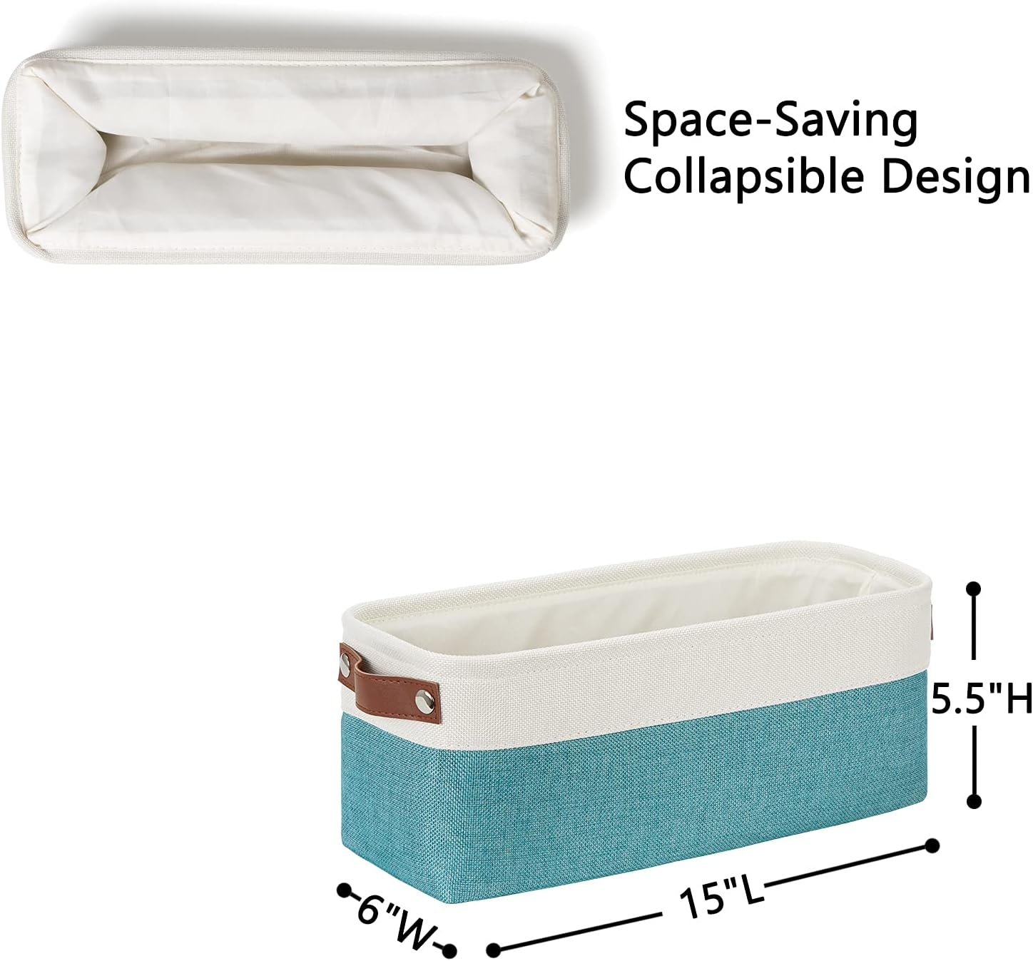 DULLEMELO Small Bathroom Closet Storage Baskets Canvas Fabric Storage Bins for Toilet 2 Pack Collapsible Home Organizer With Handles (White&Teal)