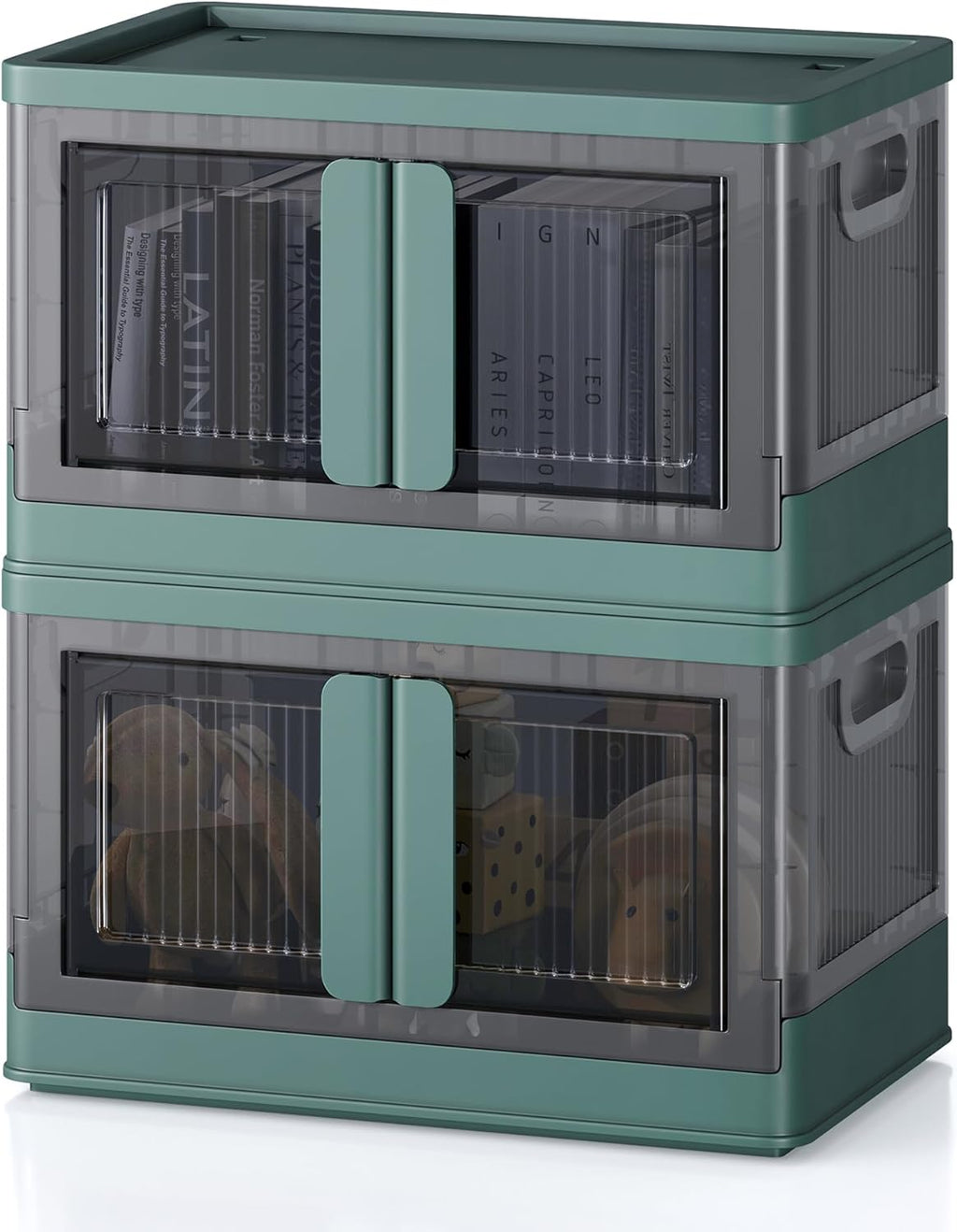 8.4Gal Collapsible Storage Bins with Lids & Wheels - 2 Pack Stackable with Doors, Heavy-Duty Plastic Containers for Home/Office, Green